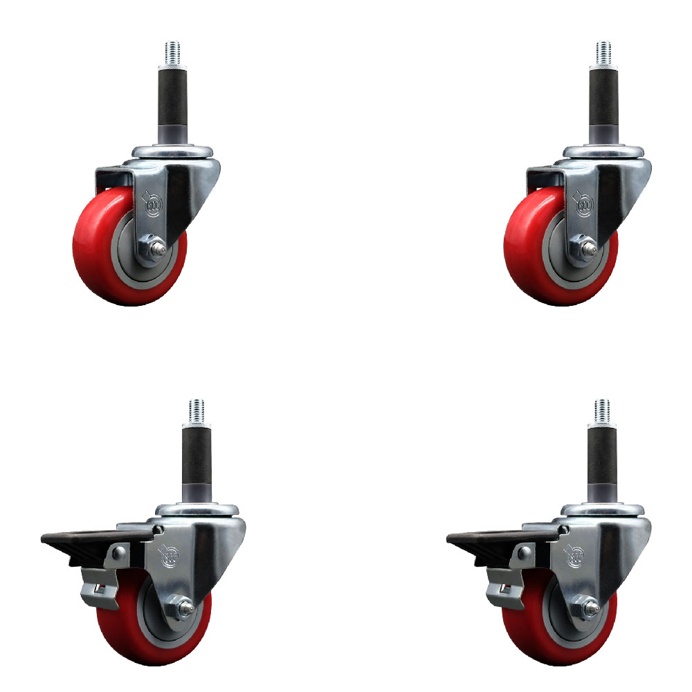 Polyurethane Swivel Expanding Stem Caster Set of 4 with 3 Inch Red Wheels and 1" Stems - Includes 2 with Posi Locking Brakes - 1200 lbs Total Capacity - Service Caster Brand — photo 1