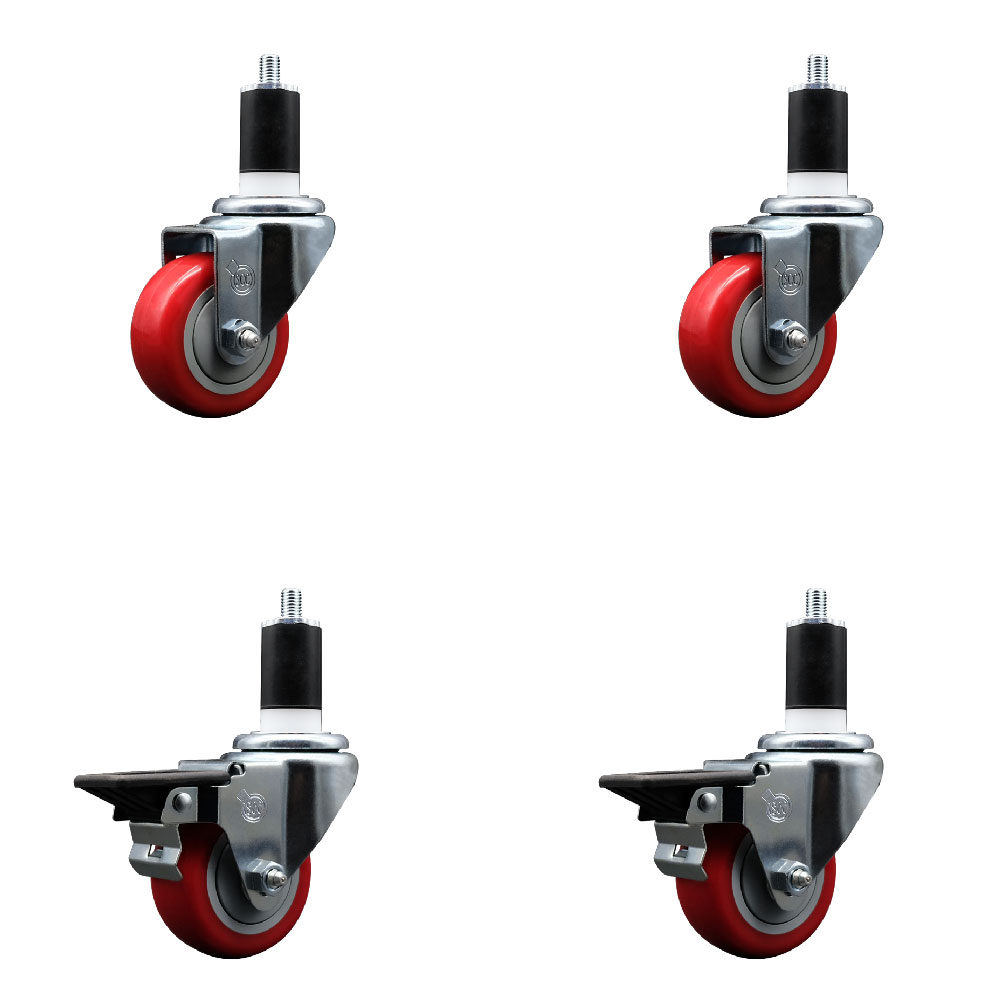 Polyurethane Swivel Expanding Stem Caster Set of 4 with 3 Inch Red Wheels and 1-1/2" Stems - Includes 2 with Posi Locking Brakes - 1200 lbs Total Capacity - Service Caster Brand — photo 1