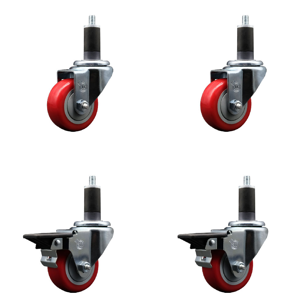 Polyurethane Swivel Expanding Stem Caster Set of 4 with 3 Inch Red Wheels and 1-1/4" Stems - Includes 2 with Posi Locking Brakes - 1200 lbs Total Capacity - Service Caster Brand — photo 1