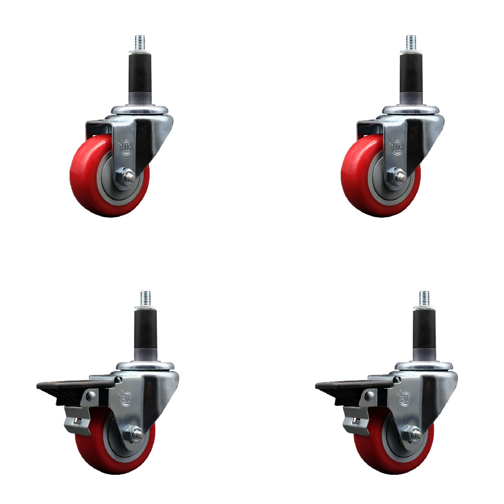 Polyurethane Swivel Expanding Stem Caster Set of 4 with 3 Inch Red Wheels and 1-1/8" Stems - Includes 2 with Posi Locking Brakes - 1200 lbs Total Capacity - Service Caster Brand — photo 1
