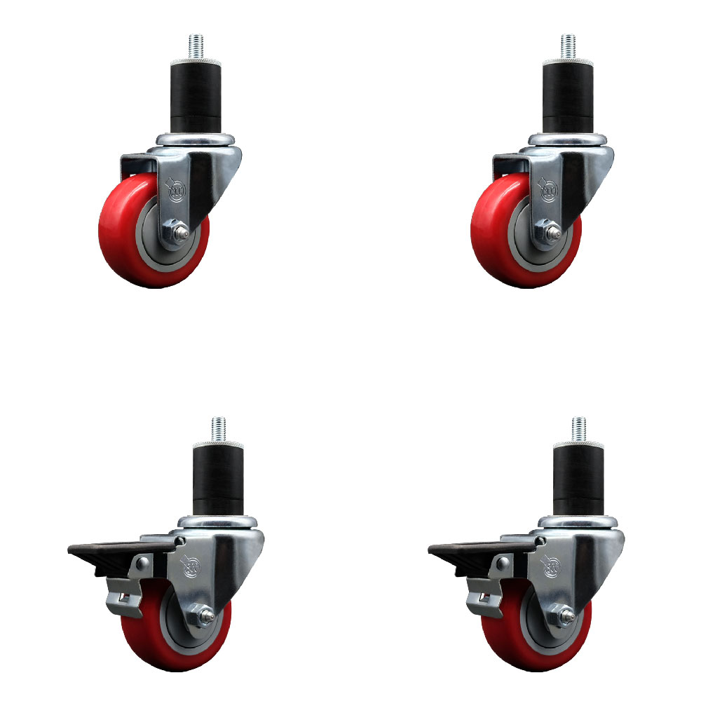 Polyurethane Swivel Expanding Stem Caster Set of 4 with 3 Inch Red Wheels and 1-3/4" Stems - Includes 2 with Posi Locking Brakes - 1200 lbs Total Capacity - Service Caster Brand — photo 1