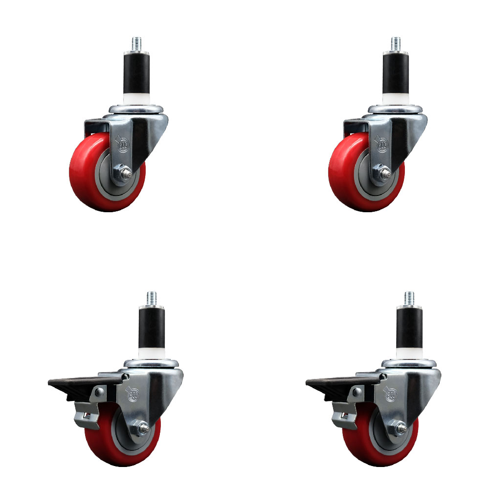 Polyurethane Swivel Expanding Stem Caster Set of 4 with 3 Inch Red Wheels and 1-3/8" Stems - Includes 2 with Posi Locking Brakes - 1200 lbs Total Capacity - Service Caster Brand — photo 1