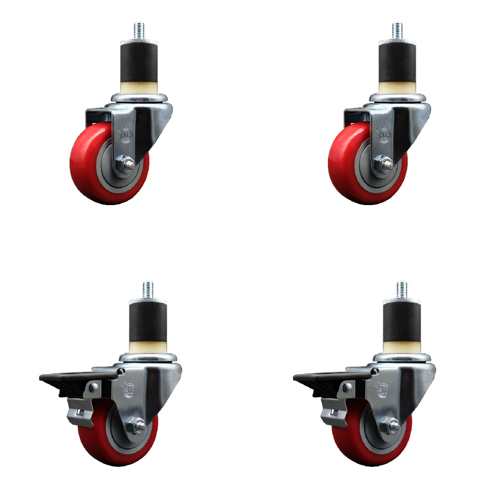 Polyurethane Swivel Expanding Stem Caster Set of 4 with 3 Inch Red Wheels and 1-7/8" Stems - Includes 2 with Posi Locking Brakes - 1200 lbs Total Capacity - Service Caster Brand — photo 1