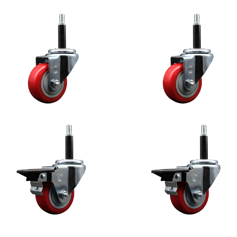 Polyurethane Swivel Expanding Stem Caster Set of 4 with 3 Inch Red Wheels and 3/4" Stems - Includes 2 with Posi Locking Brakes - 1200 lbs Total Capacity - Service Caster Brand — photo 1