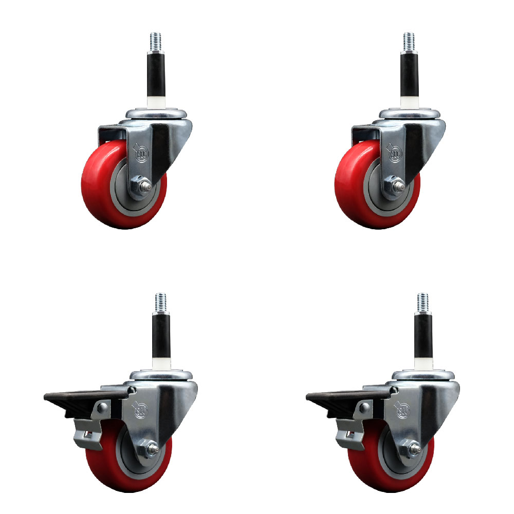 Polyurethane Swivel Expanding Stem Caster Set of 4 with 3 Inch Red Wheels and 7/8" Stems - Includes 2 with Posi Locking Brakes - 1200 lbs Total Capacity - Service Caster Brand — photo 1