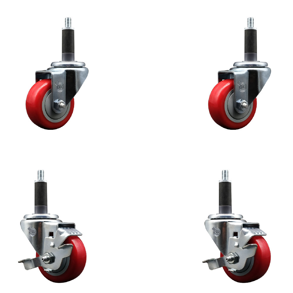 Stainless Steel Polyurethane Swivel Expanding Stem Caster Set of 4 with 3 Inch Red Wheels and 1" Stems - Includes 2 with Top Locking Brakes - 1200 lbs Total Capacity - Service Caster Brand — photo 1