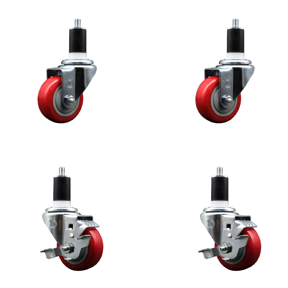 Stainless Steel Polyurethane Swivel Expanding Stem Caster Set of 4 with 3 Inch Red Wheels and 1-1/2" Stems - Includes 2 with Top Locking Brakes - 1200 lbs Total Capacity - Service Caster Brand — photo 1