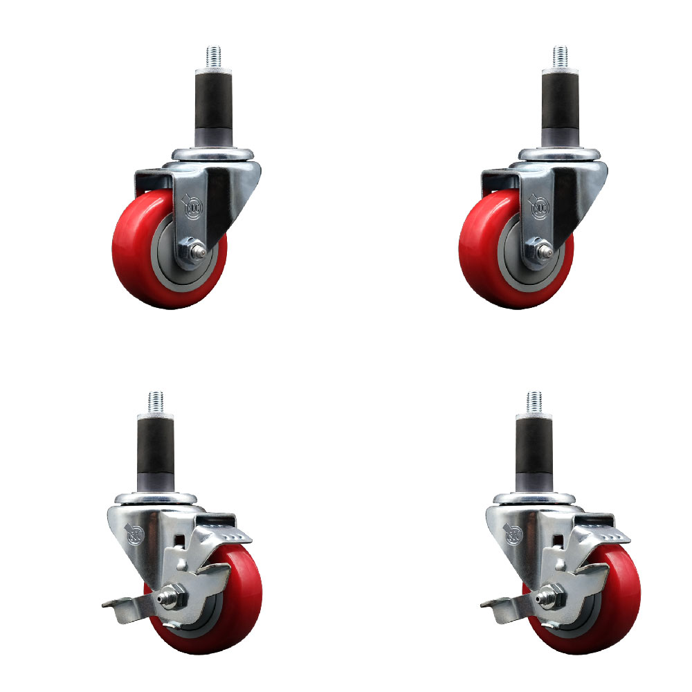 Stainless Steel Polyurethane Swivel Expanding Stem Caster Set of 4 with 3 Inch Red Wheels and 1-1/4" Stems - Includes 2 with Top Locking Brakes - 1200 lbs Total Capacity - Service Caster Brand — photo 1