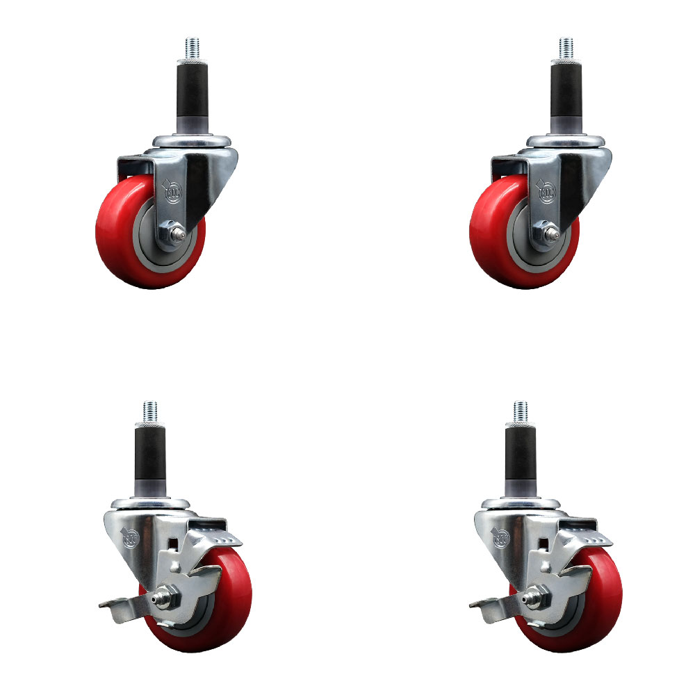 Polyurethane Swivel Expanding Stem Caster Set of 4 with 3 Inch Red Wheels and 1-1/8" Stems - Includes 2 with Top Locking Brakes - 1200 lbs Total Capacity - Service Caster Brand — photo 1