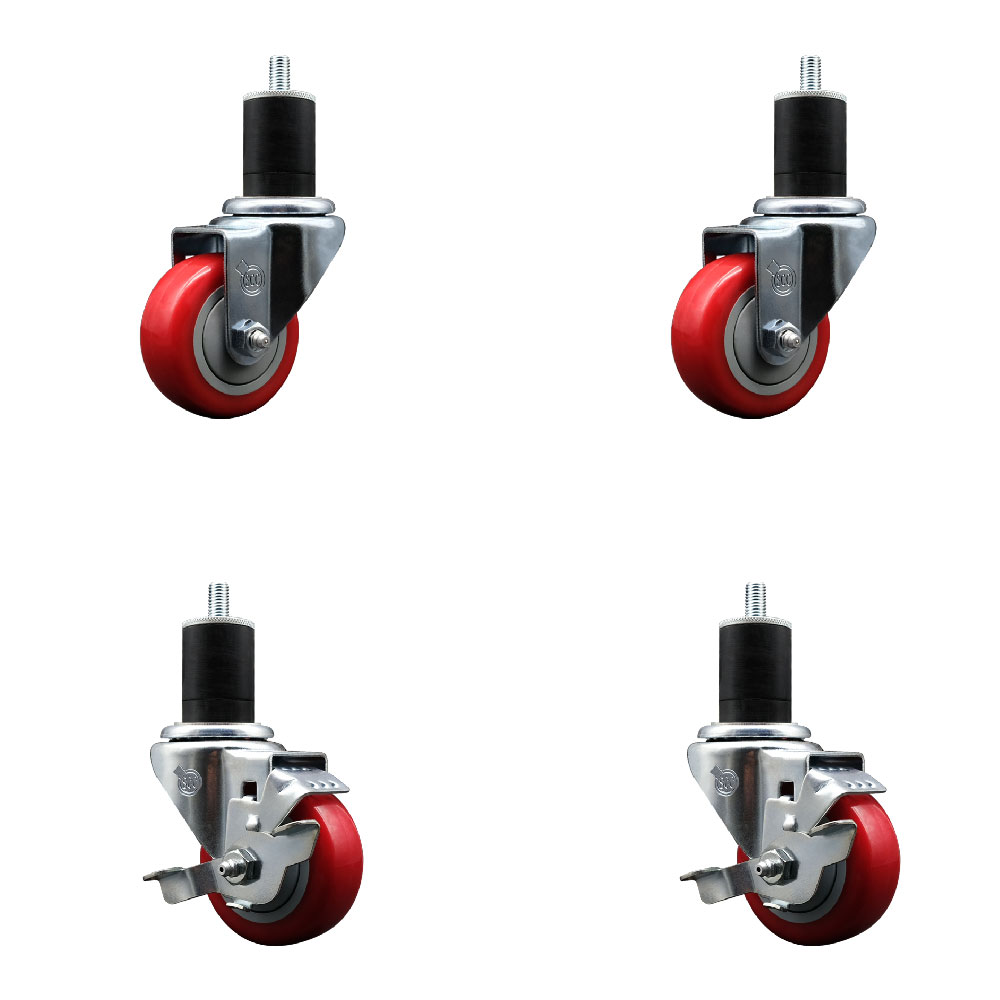 Stainless Steel Polyurethane Swivel Expanding Stem Caster Set of 4 with 3 Inch Red Wheels and 1-3/4" Stems - Includes 2 with Top Locking Brakes - 1200 lbs Total Capacity - Service Caster Brand — photo 1