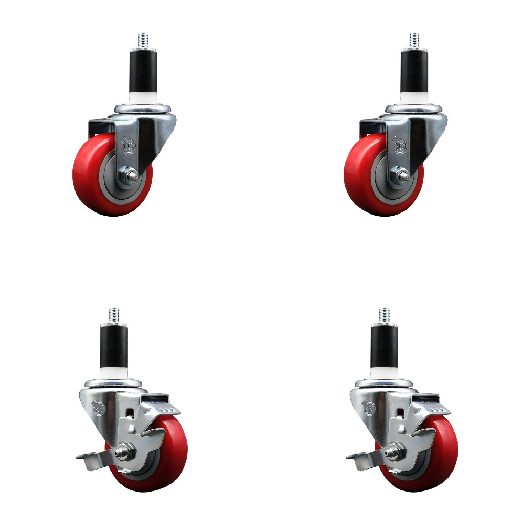 Stainless Steel Polyurethane Swivel Expanding Stem Caster Set of 4 with 3 Inch Red Wheels and 1-3/8" Stems - Includes 2 with Top Locking Brakes - 1200 lbs Total Capacity - Service Caster Brand — photo 1