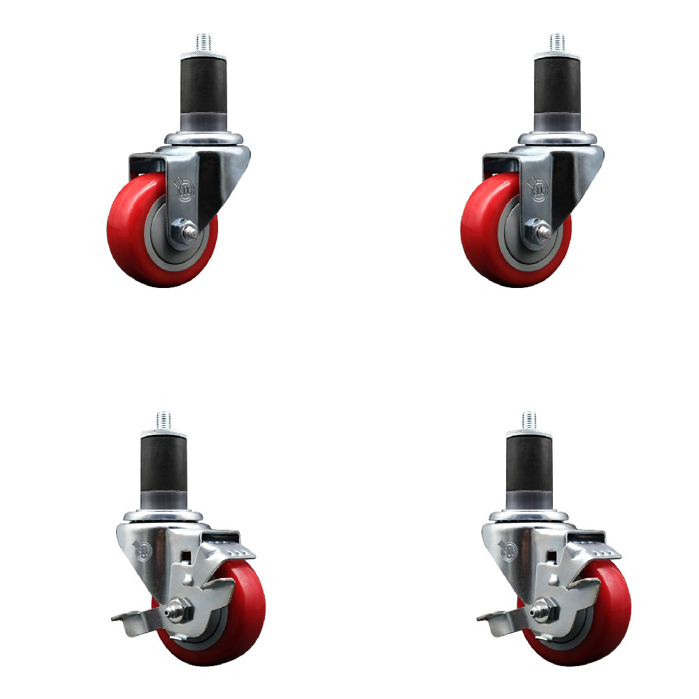 Polyurethane Swivel Expanding Stem Caster Set of 4 with 3 Inch Red Wheels and 1-5/8" Stems - Includes 2 with Top Locking Brakes - 1200 lbs Total Capacity - Service Caster Brand — photo 1
