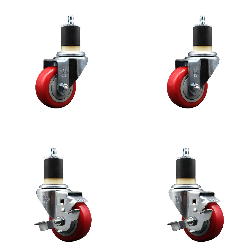 Polyurethane Swivel Expanding Stem Caster Set of 4 with 3 Inch Red Wheels and 1-7/8" Stems - Includes 2 with Top Locking Brakes - 1200 lbs Total Capacity - Service Caster Brand — photo 1