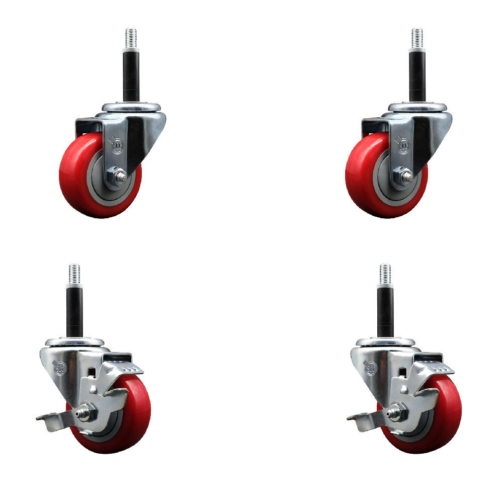 Stainless Steel Polyurethane Swivel Expanding Stem Caster Set of 4 with 3 Inch Red Wheels and 3/4" Stems - Includes 2 with Top Locking Brakes - 1200 lbs Total Capacity - Service Caster Brand — photo 1