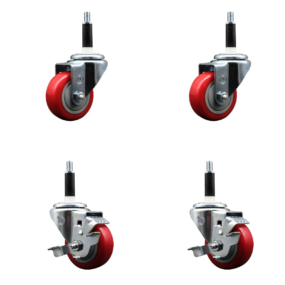Polyurethane Swivel Expanding Stem Caster Set of 4 with 3 Inch Red Wheels and 7/8" Stems - Includes 2 with Top Locking Brakes - 1200 lbs Total Capacity - Service Caster Brand — photo 1