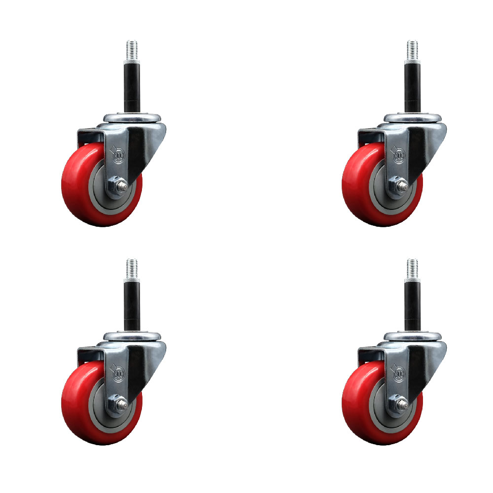 Stainless Steel Polyurethane Swivel Expanding Stem Caster Set of 4 with 3 Inch Red Wheels and 3/4" Stems - Includes 4 Swivel - 300 lbs. Capacity Per Caster - Service Caster Brand — photo 1