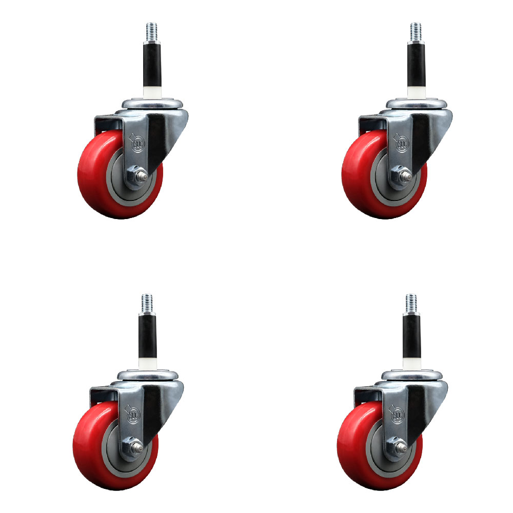 Stainless Steel Polyurethane Swivel Expanding Stem Caster Set of 4 with 3 Inch Red Wheels and 7/8" Stems - Includes 4 Swivel - 300 lbs. Capacity Per Caster - Service Caster Brand — photo 1