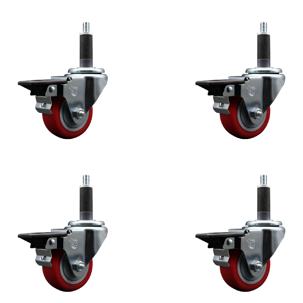 Polyurethane Swivel Expanding Stem Caster Set of 4 with 3 Inch Red Wheels and 1" Stems - Includes 4 Swivel with Posi Locking Brakes - 300 lbs. Capacity Per Caster - Service Caster Brand — photo 1