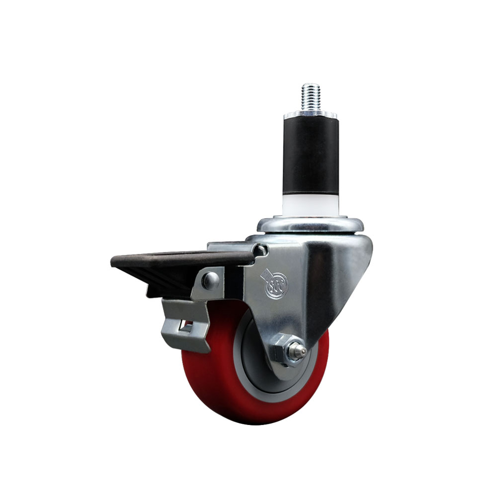 Polyurethane Swivel Expanding Stem Caster with 3 Inch Red Wheel and 1-1/2" Stem & Posi Locking Brake - 300 lbs. Capacity Per Caster - Service Caster Brand — photo 1