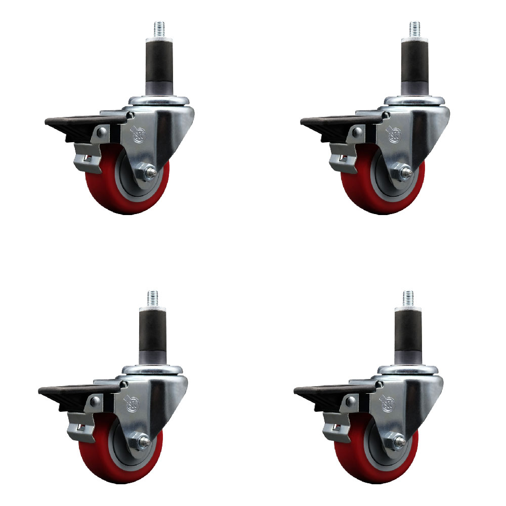 Polyurethane Swivel Expanding Stem Caster Set of 4 with 3 Inch Red Wheels and 1-1/4" Stems - Includes 4 Swivel with Posi Locking Brakes - 300 lbs. Capacity Per Caster - Service Caster Brand — photo 1