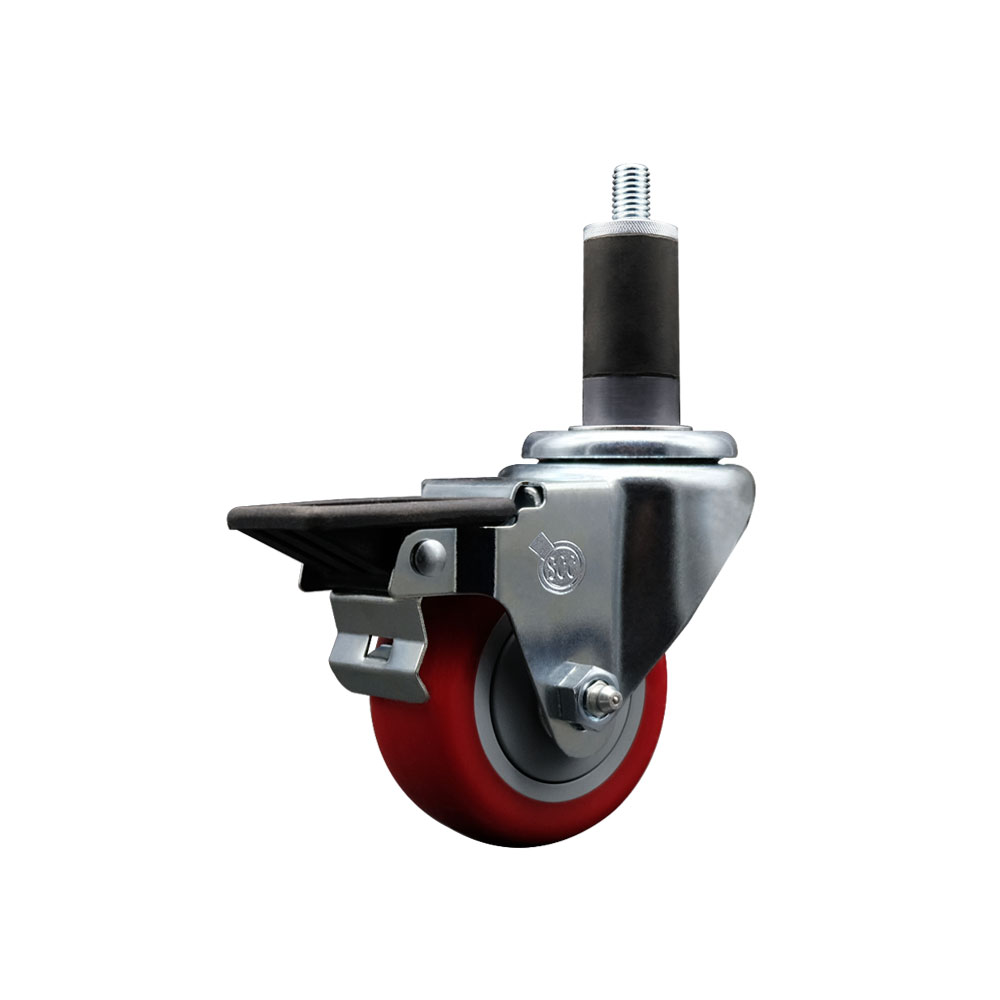 Polyurethane Expanding Stem Swivel Caster with 3 Inch Red Wheel and 1-1/4" Stem & Posi Locking Brake - 300 lbs. Capacity Per Caster - Service Caster Brand — photo 1