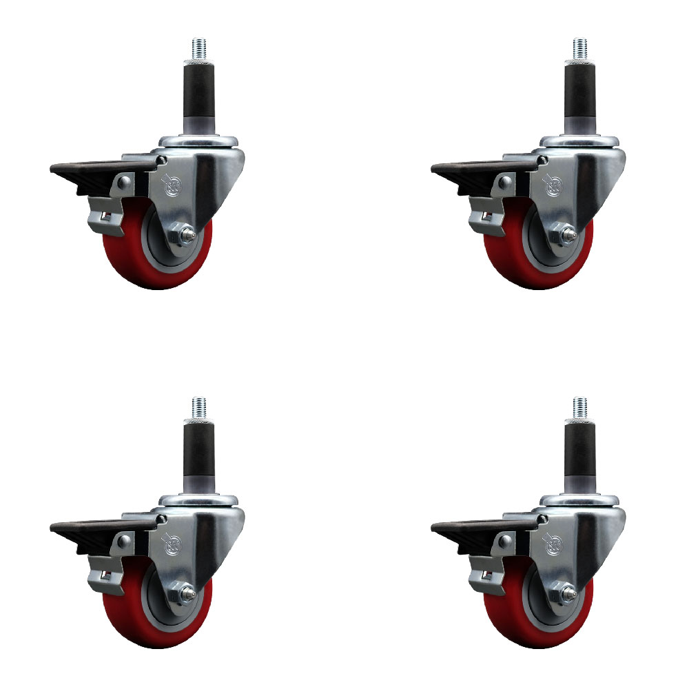 Polyurethane Swivel Expanding Stem Caster Set of 4 with 3 Inch Red Wheels and 1-1/8" Stems - Includes 4 Swivel with Posi Locking Brakes - 300 lbs. Capacity Per Caster - Service Caster Brand — photo 1