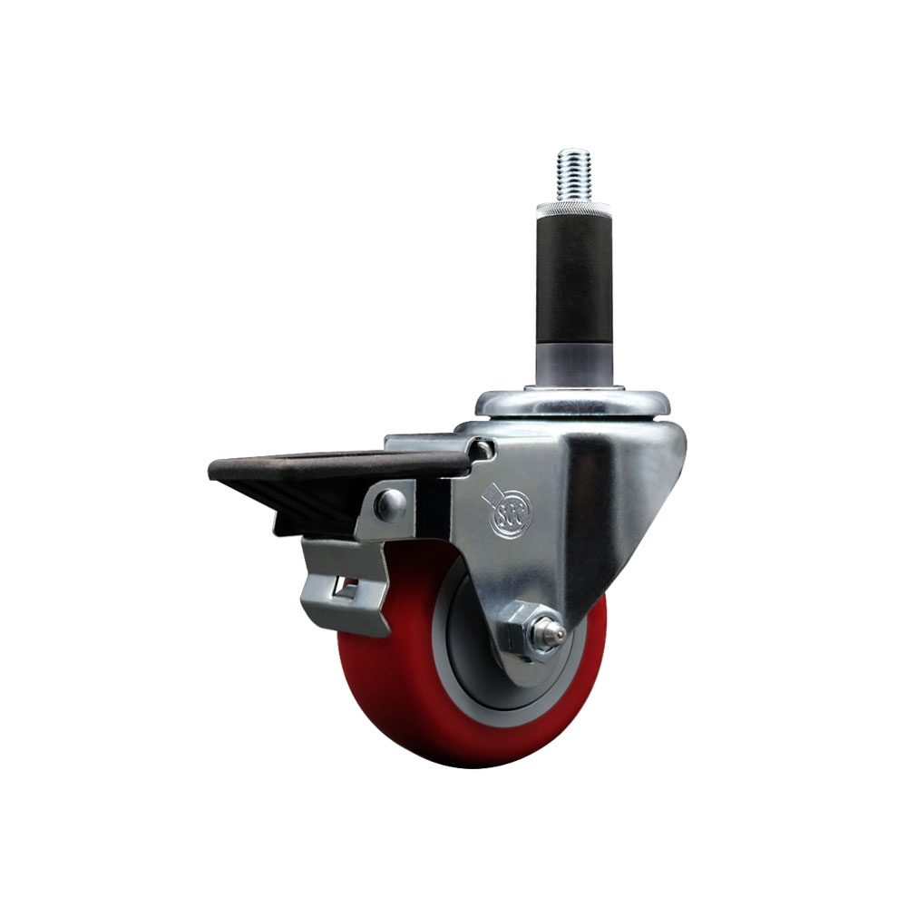 Polyurethane Expanding Stem Swivel Caster with 3 Inch Red Wheel and 1-1/8" Stem & Posi Locking Brake - 300 lbs. Capacity Per Caster - Service Caster Brand — photo 1