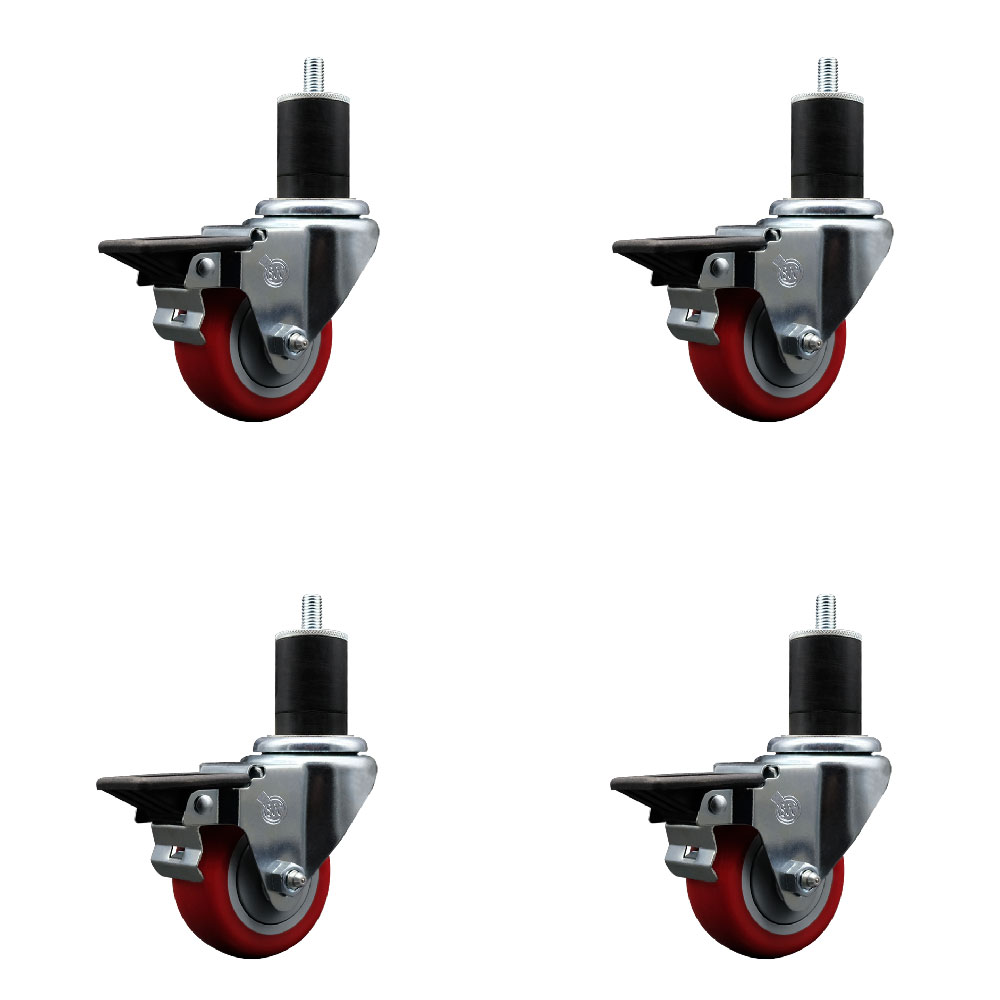 Polyurethane Swivel Expanding Stem Caster Set of 4 with 3 Inch Red Wheels and 1-3/4" Stems - Includes 4 Swivel with Posi Locking Brakes - 300 lbs. Capacity Per Caster - Service Caster Brand — photo 1