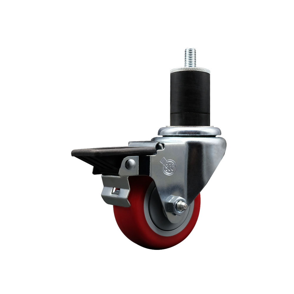 Polyurethane Expanding Stem Swivel Caster with 3 Inch Red Wheel and 1-3/4" Stem & Posi Locking Brake - 300 lbs. Capacity Per Caster - Service Caster Brand — photo 1