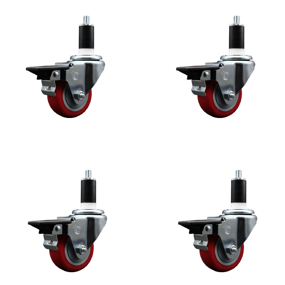 Polyurethane Swivel Expanding Stem Caster Set of 4 with 3 Inch Red Wheels and 1-3/8" Stems - Includes 4 Swivel with Posi Locking Brakes - 300 lbs. Capacity Per Caster - Service Caster Brand — photo 1