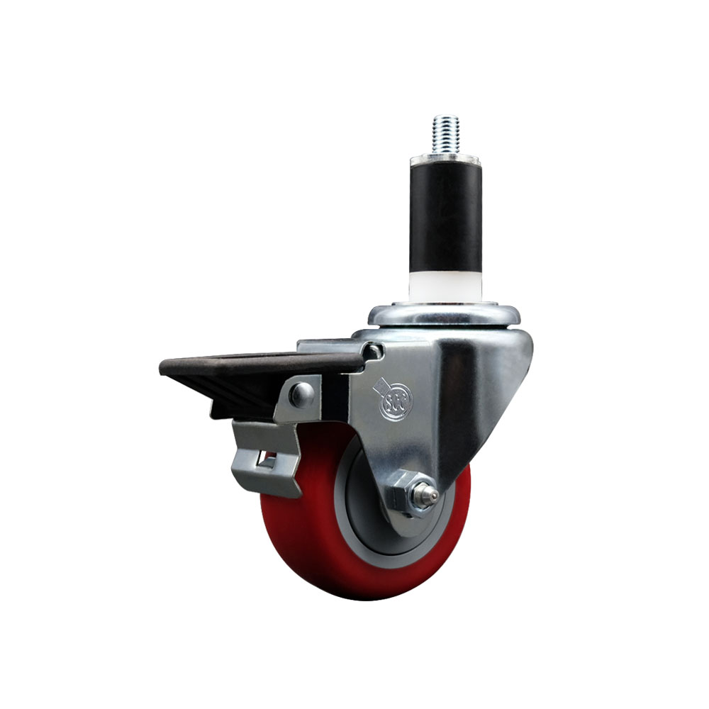 Polyurethane Expanding Stem Swivel Caster with 3 Inch Red Wheel and 1-3/8" Stem & Posi Locking Brake - 300 lbs. Capacity Per Caster - Service Caster Brand — photo 1