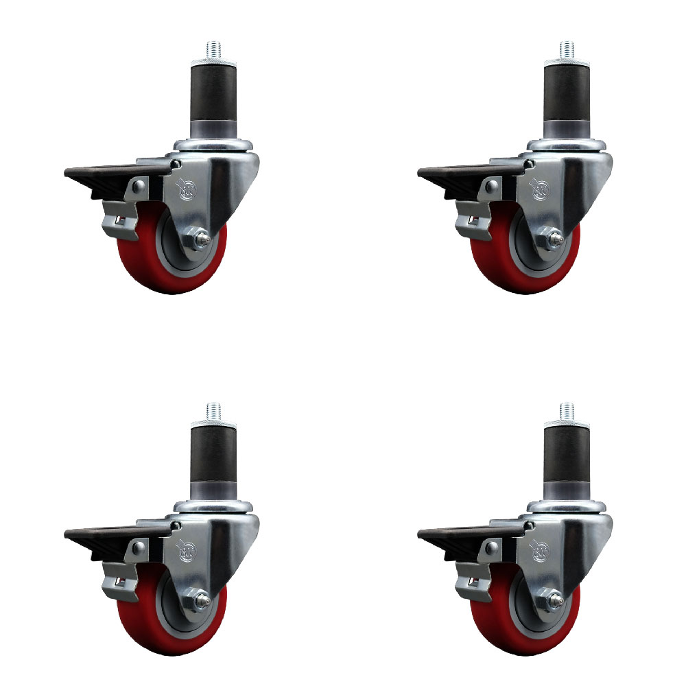 Polyurethane Swivel Expanding Stem Caster Set of 4 with 3 Inch Red Wheels and 1-5/8" Stems - Includes 4 Swivel with Posi Locking Brakes - 300 lbs. Capacity Per Caster - Service Caster Brand — photo 1