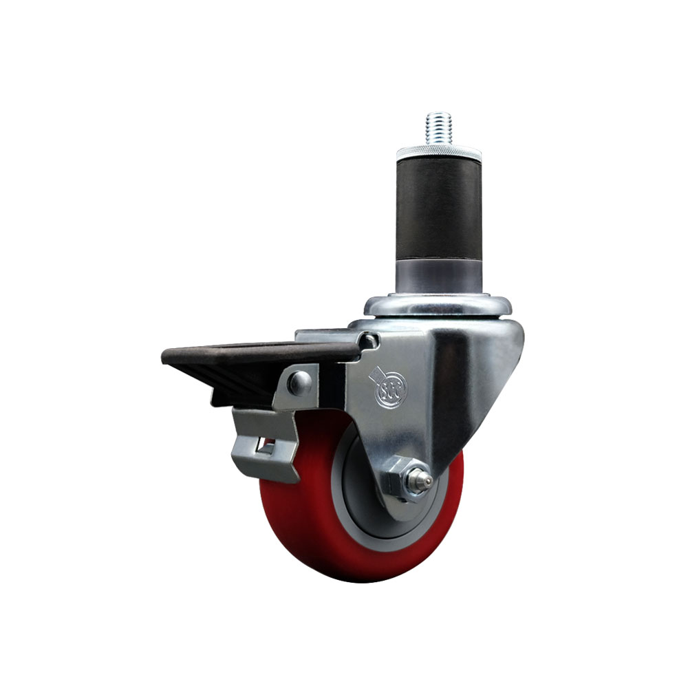 Polyurethane Expanding Stem Swivel Caster with 3 Inch Red Wheel and 1-5/8" Stem & Posi Locking Brake - 300 lbs. Capacity Per Caster - Service Caster Brand — photo 1