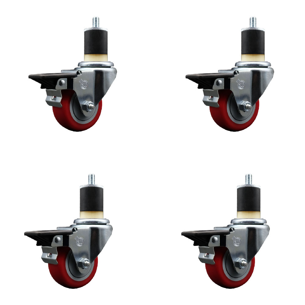 Polyurethane Swivel Expanding Stem Caster Set of 4 with 3 Inch Red Wheels and 1-7/8" Stems - Includes 4 Swivel with Posi Locking Brakes - 300 lbs. Capacity Per Caster - Service Caster Brand — photo 1