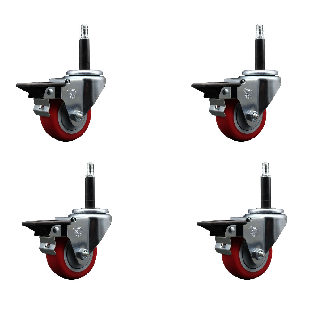 Polyurethane Swivel Expanding Stem Caster Set of 4 with 3 Inch Red Wheels and 3/4" Stems - Includes 4 Swivel with Posi Locking Brakes - 300 lbs. Capacity Per Caster - Service Caster Brand — photo 1