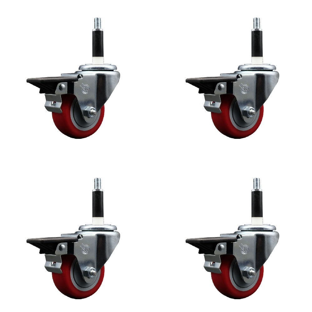 Polyurethane Swivel Expanding Stem Caster Set of 4 with 3 Inch Red Wheels and 7/8" Stems - Includes 4 Swivel with Posi Locking Brakes - 300 lbs. Capacity Per Caster - Service Caster Brand — photo 1