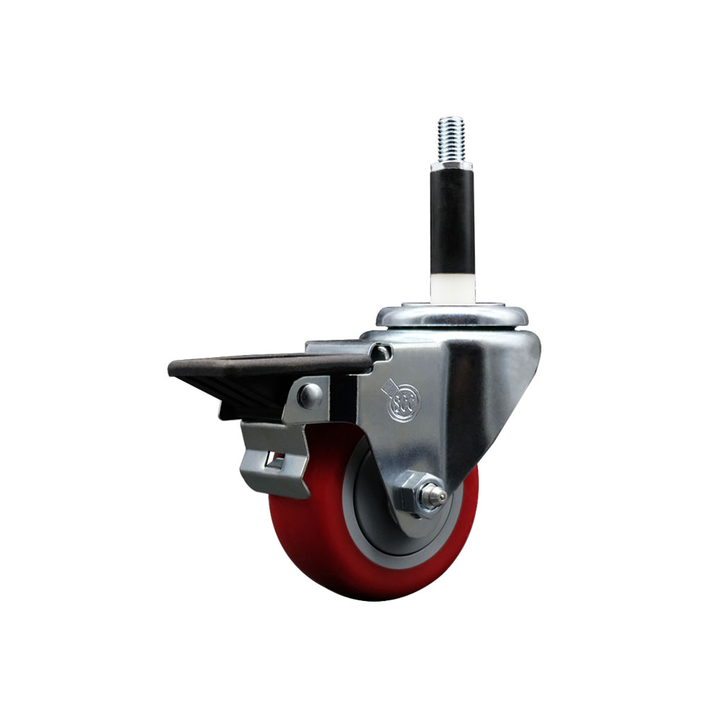 Polyurethane Expanding Stem Swivel Caster with 3 Inch Red Wheel and 7/8" Stem & Posi Locking Brake - 300 lbs. Capacity Per Caster - Service Caster Brand — photo 1