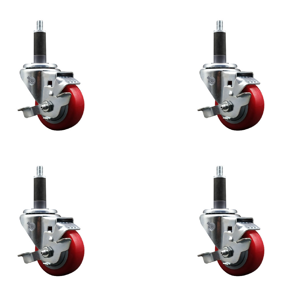 Stainless Steel Polyurethane Swivel Expanding Stem Caster Set of 4 with 3 Inch Red Wheels and 1" Stems - Includes 4 Swivel with Top Locking Brakes - 300 lbs. Capacity Per Caster - Service Caster Brand — photo 1