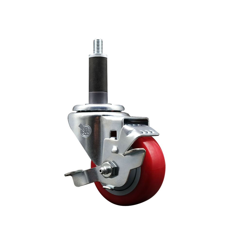 Polyurethane Expanding Stem Swivel Caster with 3 Inch Red Wheel and 1" Stem & Top Locking Brake - 300 lbs. Capacity Per Caster - Service Caster Brand — photo 1