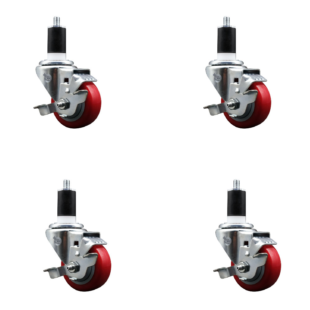 Polyurethane Swivel Expanding Stem Caster Set of 4 with 3 Inch Red Wheels and 1-1/2" Stems - Includes 4 Swivel with Top Locking Brakes - 300 lbs. Capacity Per Caster - Service Caster Brand — photo 1