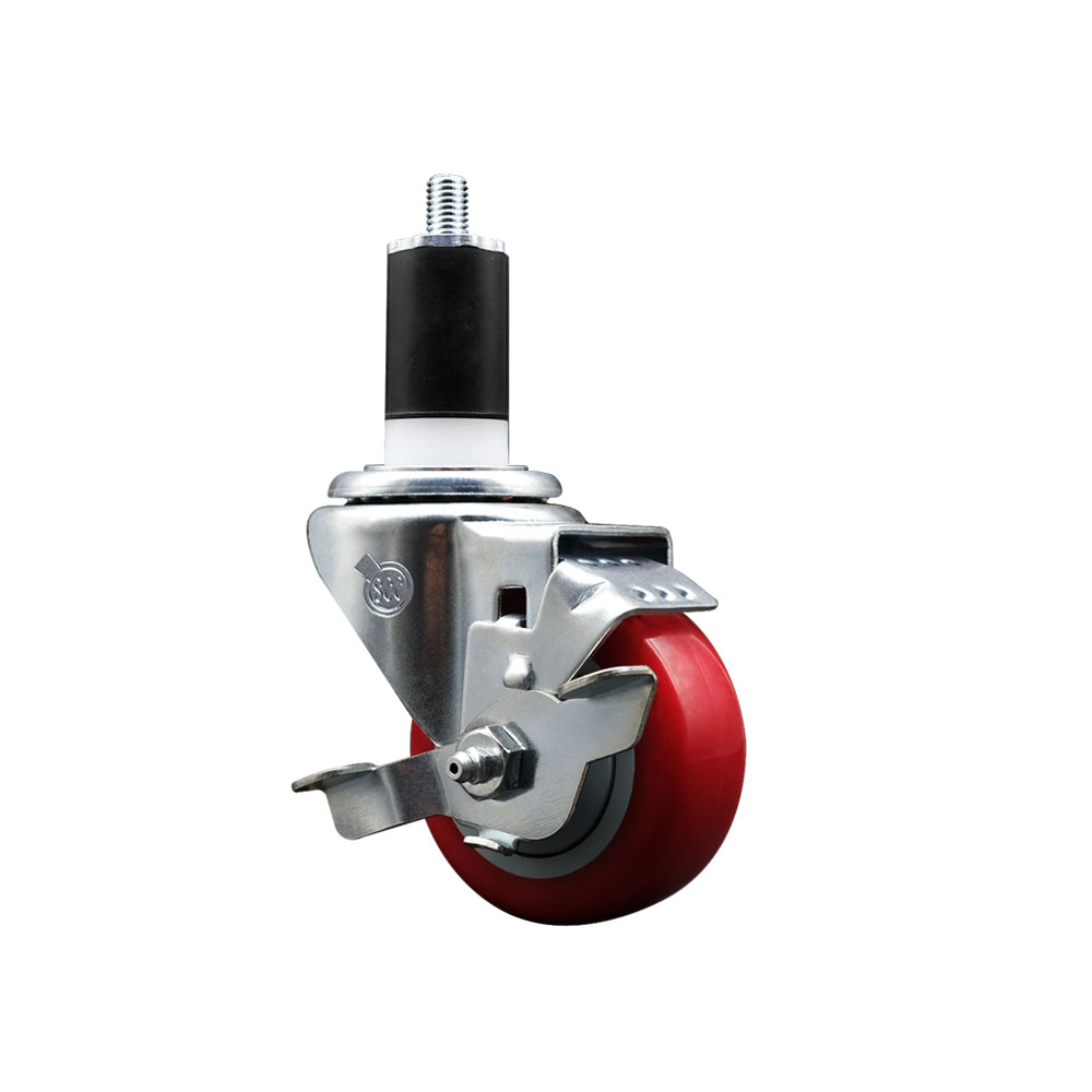 Polyurethane Swivel Expanding Stem Caster with 3 Inch Red Wheel and 1-1/2" Stem & Top Locking Brake - 300 lbs. Capacity Per Caster - Service Caster Brand — photo 1