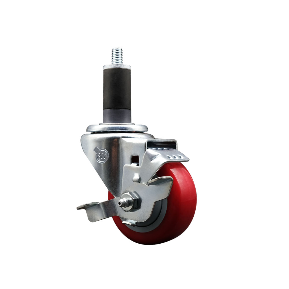 Polyurethane Expanding Stem Swivel Caster with 3 Inch Red Wheel and 1-1/4" Stem & Top Locking Brake - 300 lbs. Capacity Per Caster - Service Caster Brand — photo 1