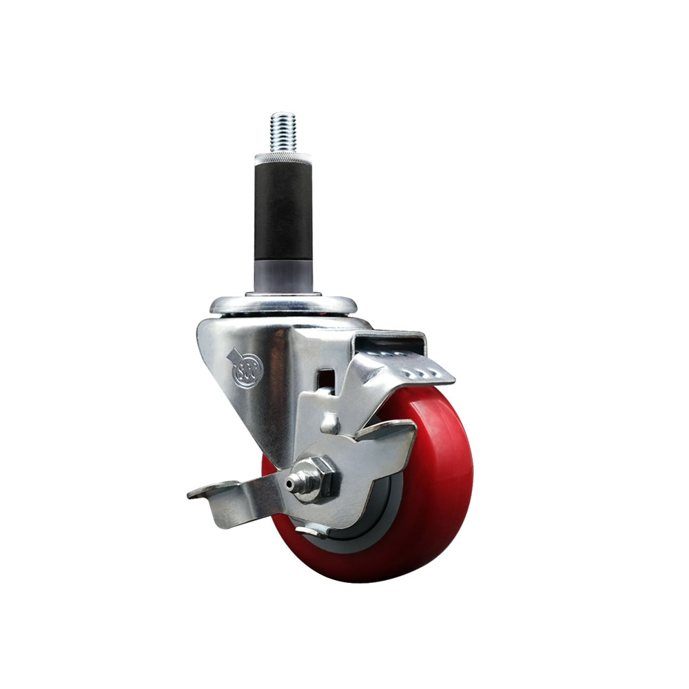 Polyurethane Expanding Stem Swivel Caster with 3 Inch Red Wheel and 1-1/8" Stem & Top Locking Brake - 300 lbs. Capacity Per Caster - Service Caster Brand — photo 1