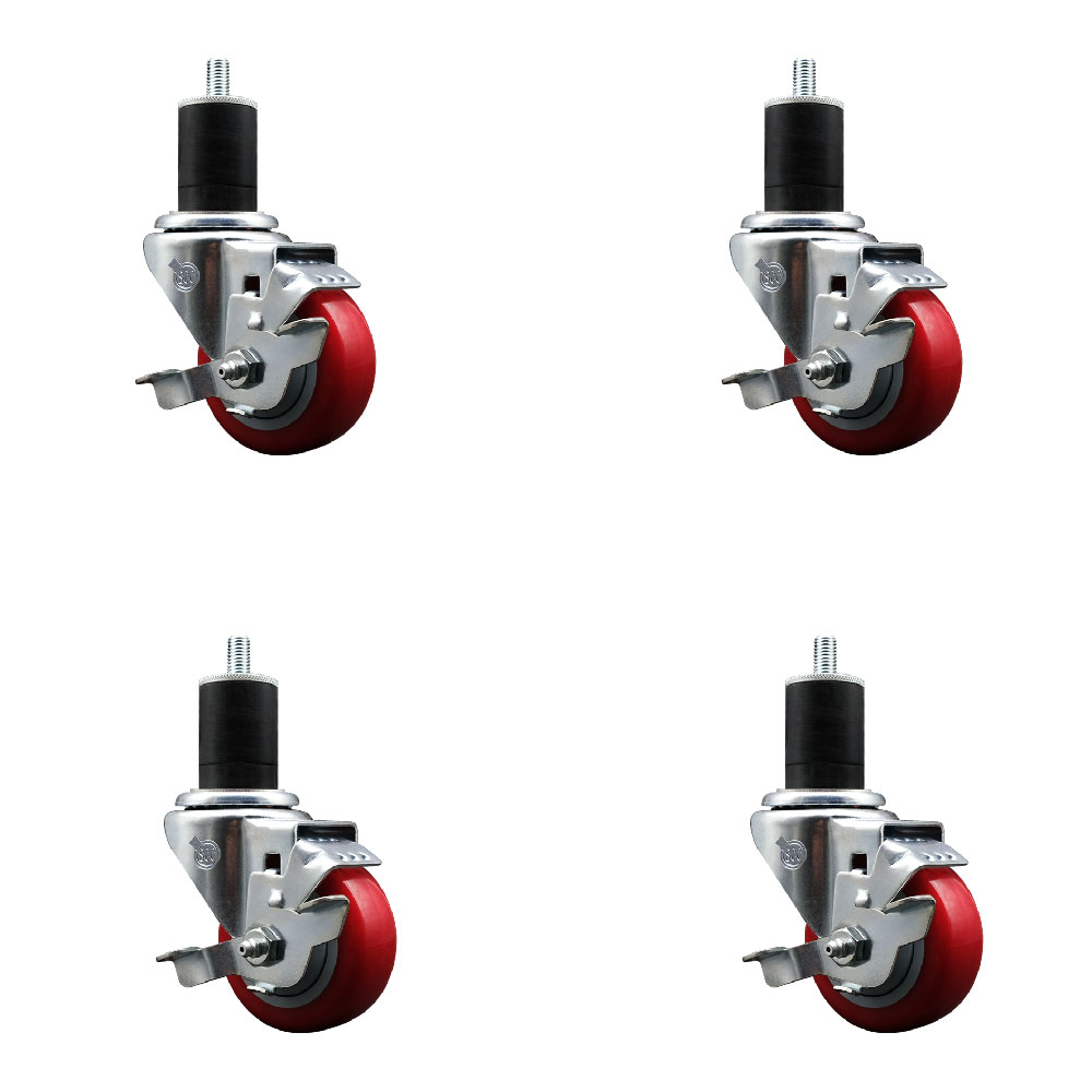 Polyurethane Swivel Expanding Stem Caster Set of 4 with 3 Inch Red Wheels and 1-3/4" Stems - Includes 4 Swivel with Top Locking Brakes - 300 lbs. Capacity Per Caster - Service Caster Brand — photo 1
