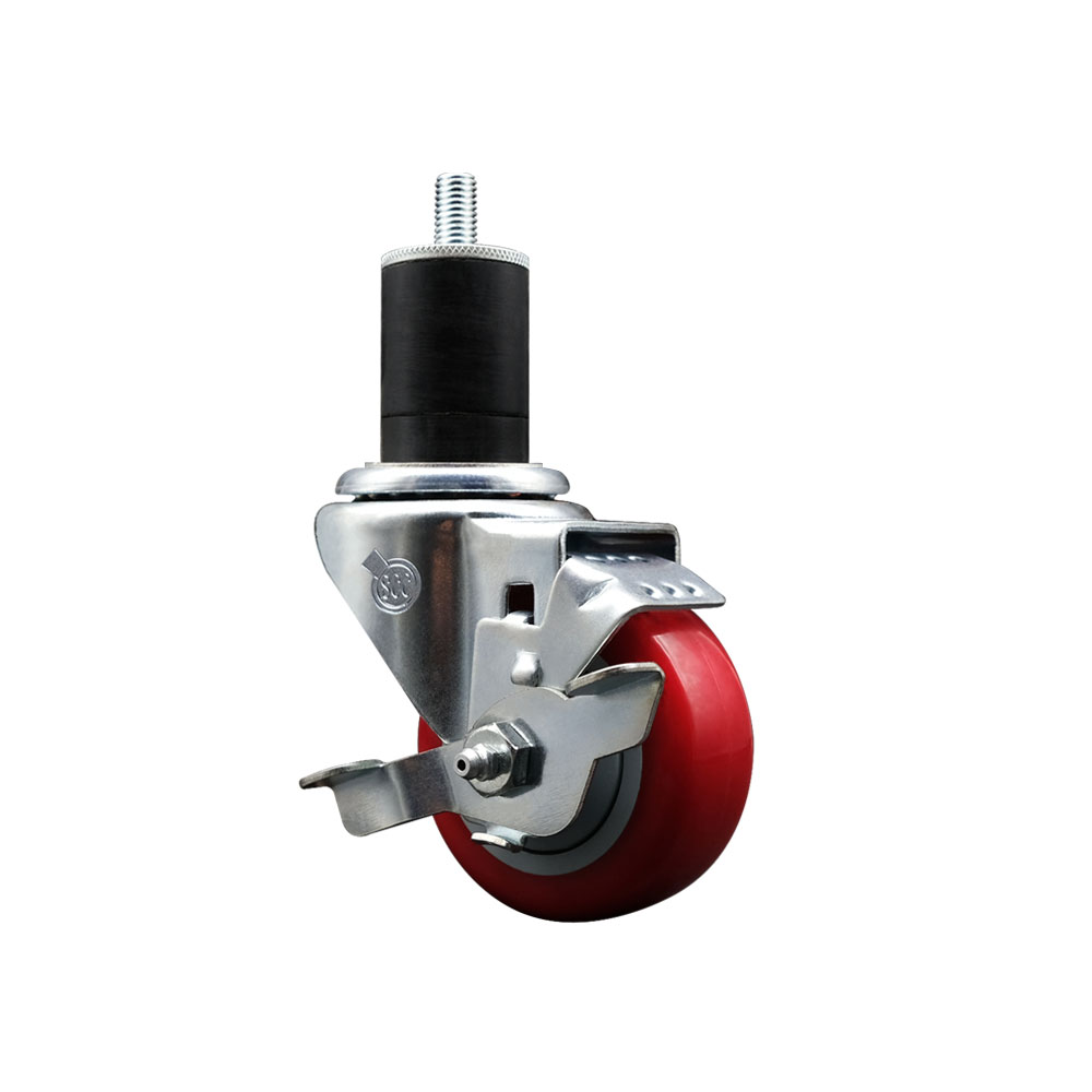 Polyurethane Expanding Stem Swivel Caster with 3 Inch Red Wheel and 1-3/4" Stem & Top Locking Brake - 300 lbs. Capacity Per Caster - Service Caster Brand — photo 1