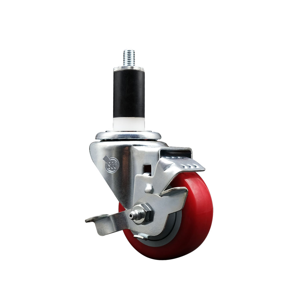 Polyurethane Expanding Stem Swivel Caster with 3 Inch Red Wheel and 1-3/8" Stem & Top Locking Brake - 300 lbs. Capacity Per Caster - Service Caster Brand — photo 1