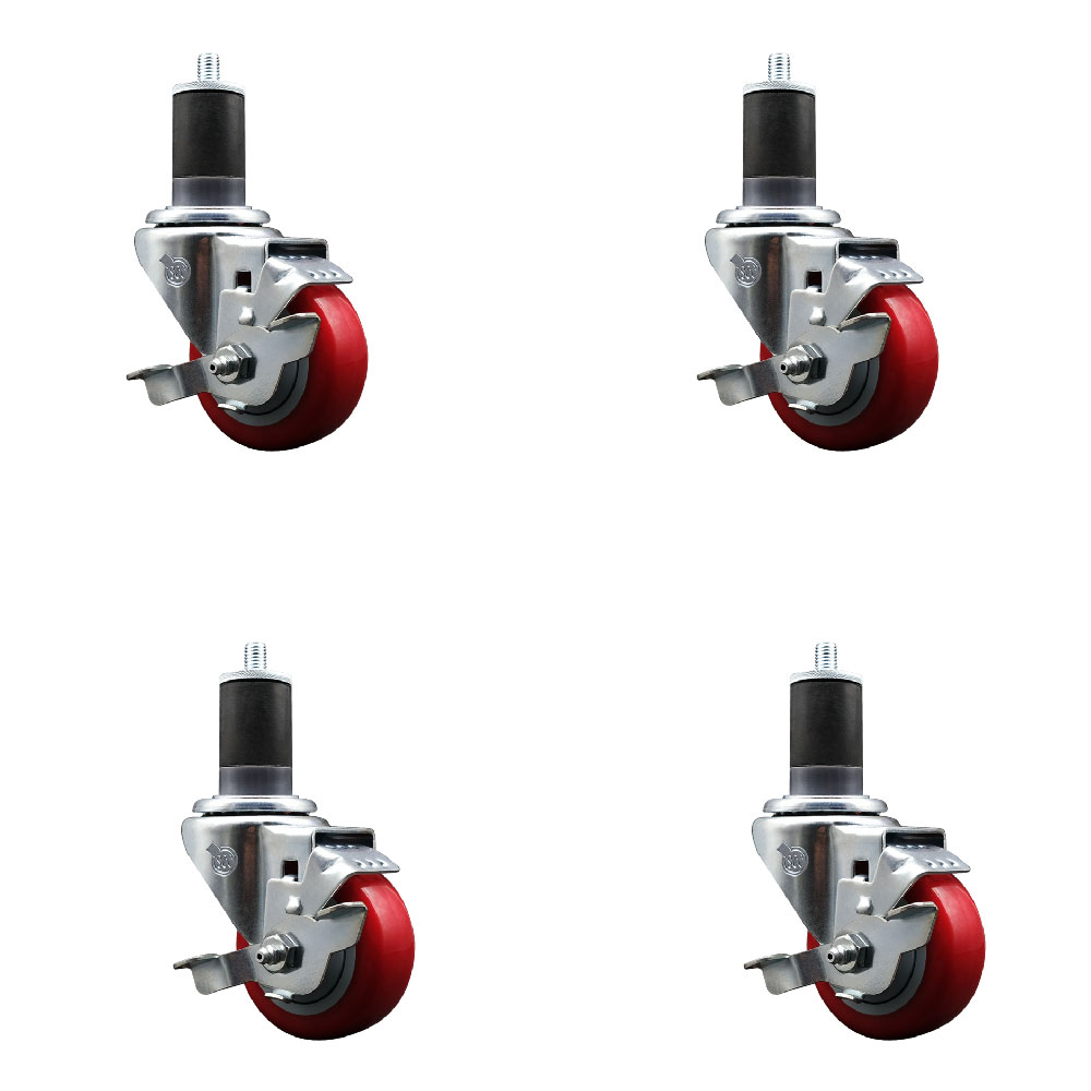 Polyurethane Swivel Expanding Stem Caster Set of 4 with 3 Inch Red Wheels and 1-5/8" Stems - Includes 4 Swivel with Top Locking Brakes - 300 lbs. Capacity Per Caster - Service Caster Brand — photo 1