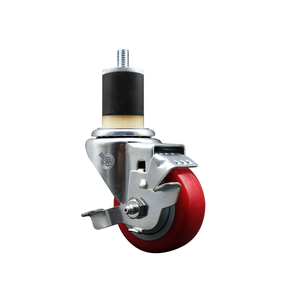 Stainless Steel Polyurethane Expanding Stem Swivel Caster with 3 Inch Red Wheel and 1-7/8" Stem & Top Locking Brake - 300 lbs. Capacity Per Caster - Service Caster Brand — photo 1