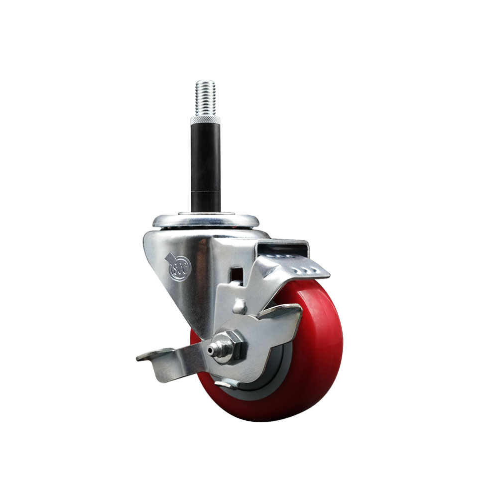 Stainless Steel Polyurethane Expanding Stem Swivel Caster with 3 Inch Red Wheel and 3/4" Stem & Top Locking Brake - 300 lbs. Capacity Per Caster - Service Caster Brand — photo 1