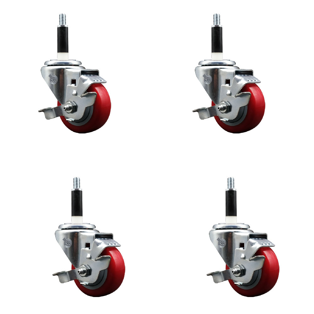 Polyurethane Swivel Expanding Stem Caster Set of 4 with 3 Inch Red Wheels and 7/8" Stems - Includes 4 Swivel with Top Locking Brakes - 300 lbs. Capacity Per Caster - Service Caster Brand — photo 1